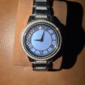 Bulova Silver and Black Women's Watch with Crystal Accents